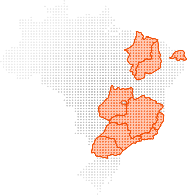 Mapa do Brasil em pontos cinzas com regiões em laranja destacando a presença da empresa, mostrando atuação no Centro-Oeste, Sudeste e Sul do país